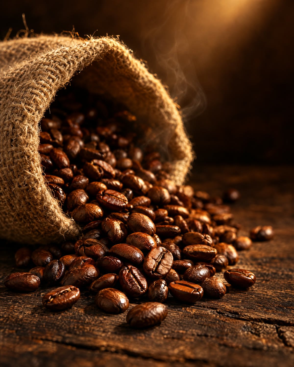 Granos de café de tueste medio saliendo de un costal de fique sobre una mesa de madera